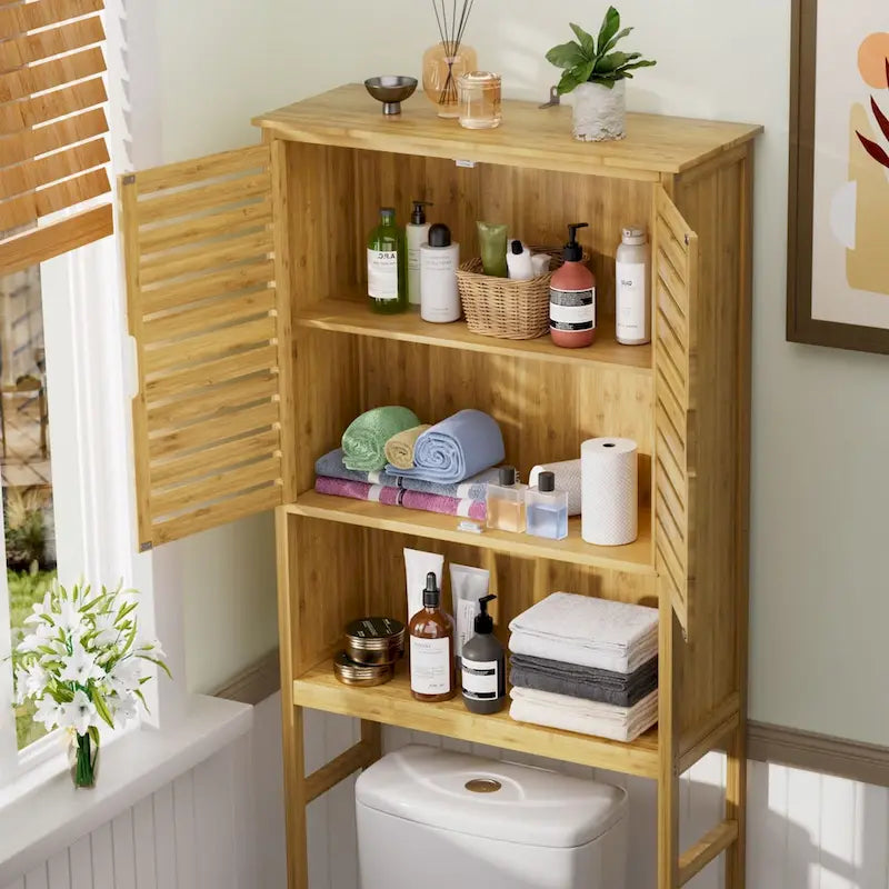 Meuble de rangement pour toilettes en bambou – Étagère réglable et doubles portes