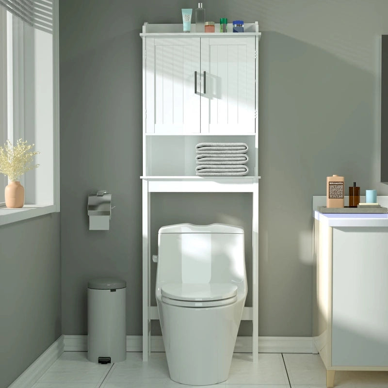 Meuble de rangement pour toilettes en bambou – Étagère réglable et doubles portes