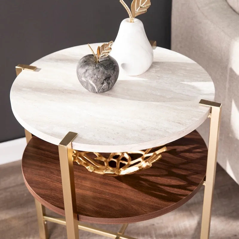 Table d'appoint ronde moderne – Plateau en faux marbre et étagère en bois