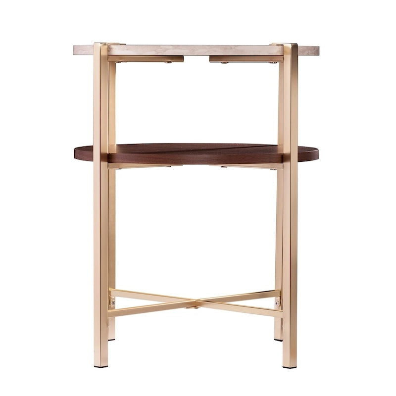 Table d'appoint ronde moderne – Plateau en faux marbre et étagère en bois