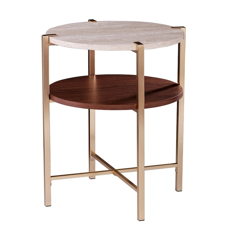 Table d'appoint ronde moderne – Plateau en faux marbre et étagère en bois