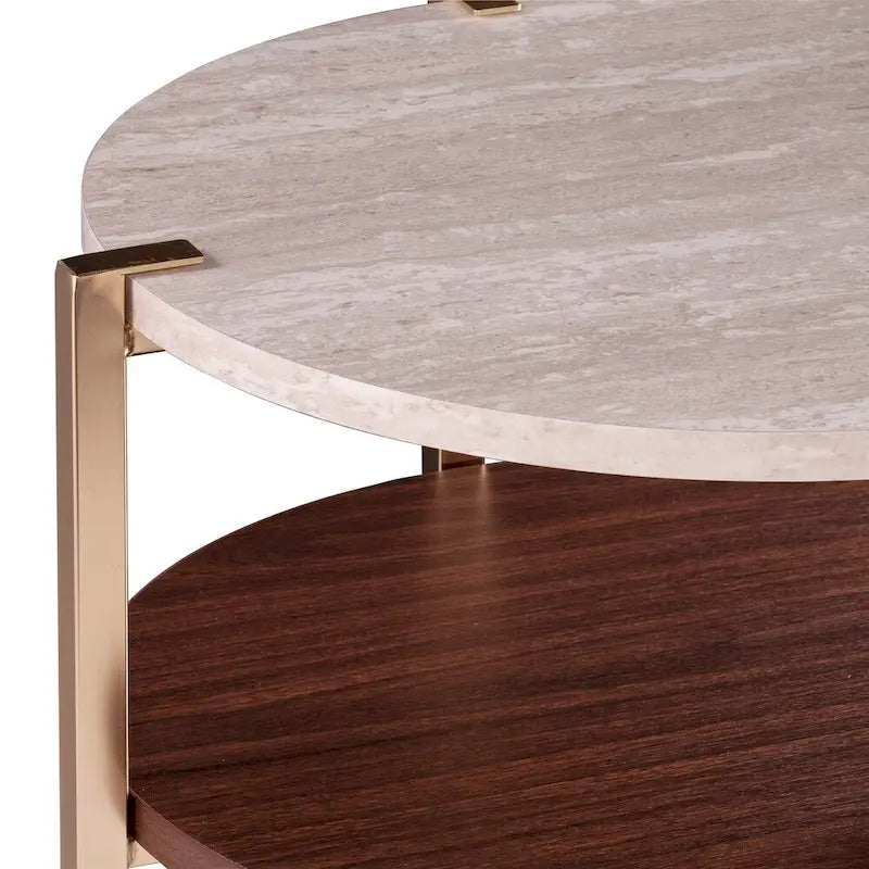 Table d'appoint ronde moderne – Plateau en faux marbre et étagère en bois
