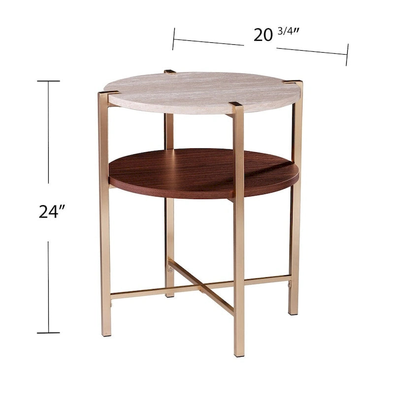Table d'appoint ronde moderne – Plateau en faux marbre et étagère en bois