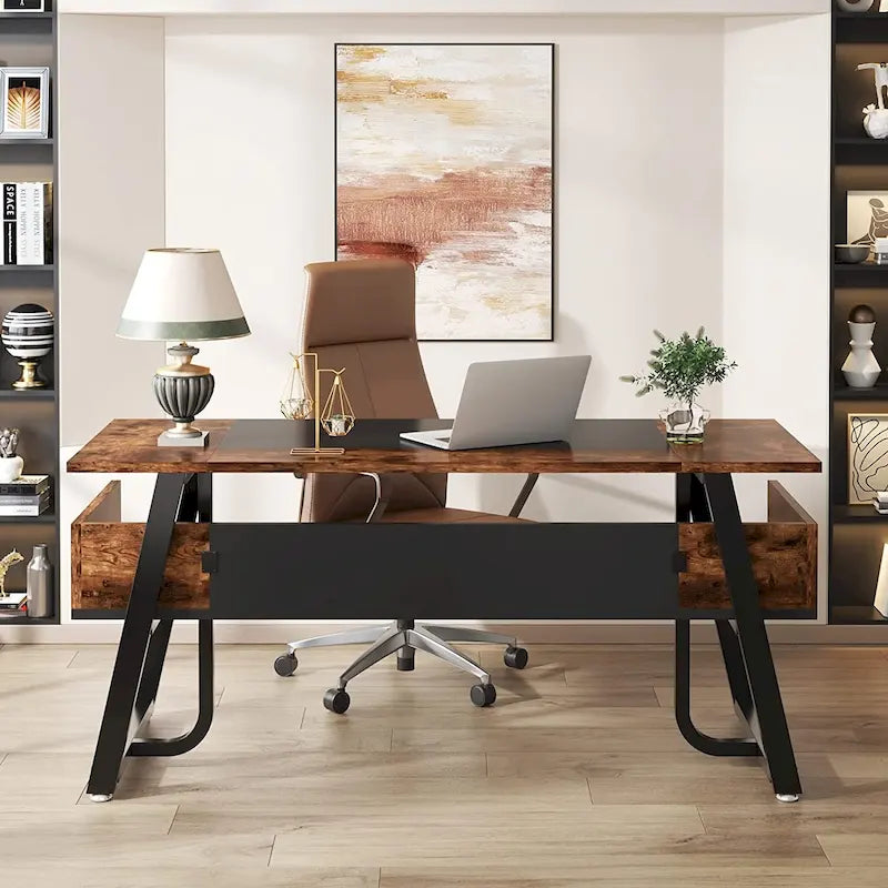 Bureau de direction industriel avec étagère de rangement – Bureau d'écriture de 160 cm