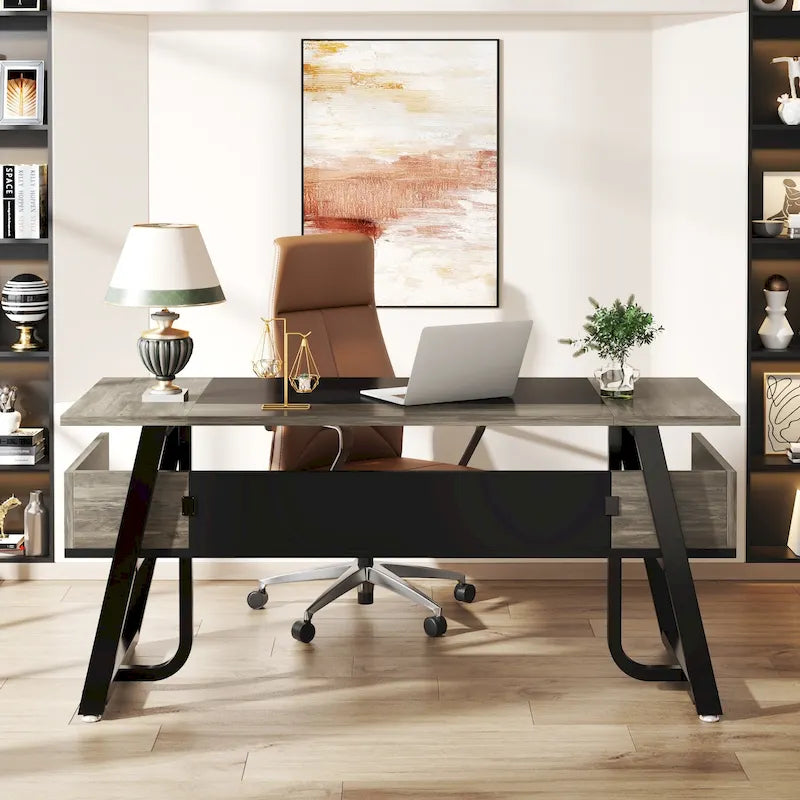 Bureau de direction industriel avec étagère de rangement – Bureau d'écriture de 160 cm