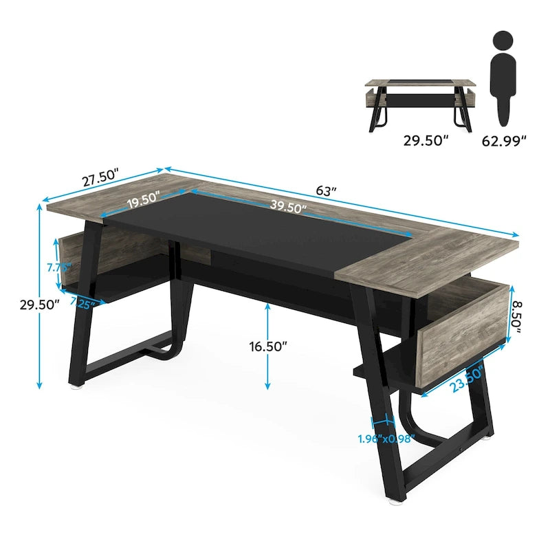 Bureau de direction industriel avec étagère de rangement – Bureau d'écriture de 160 cm
