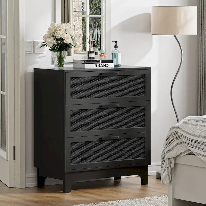 Commode à 3 tiroirs en rotin noir – Commodes modernes