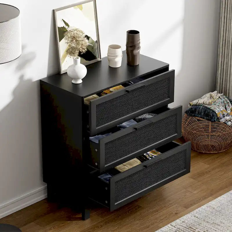 Commode à 3 tiroirs en rotin noir – Commodes modernes