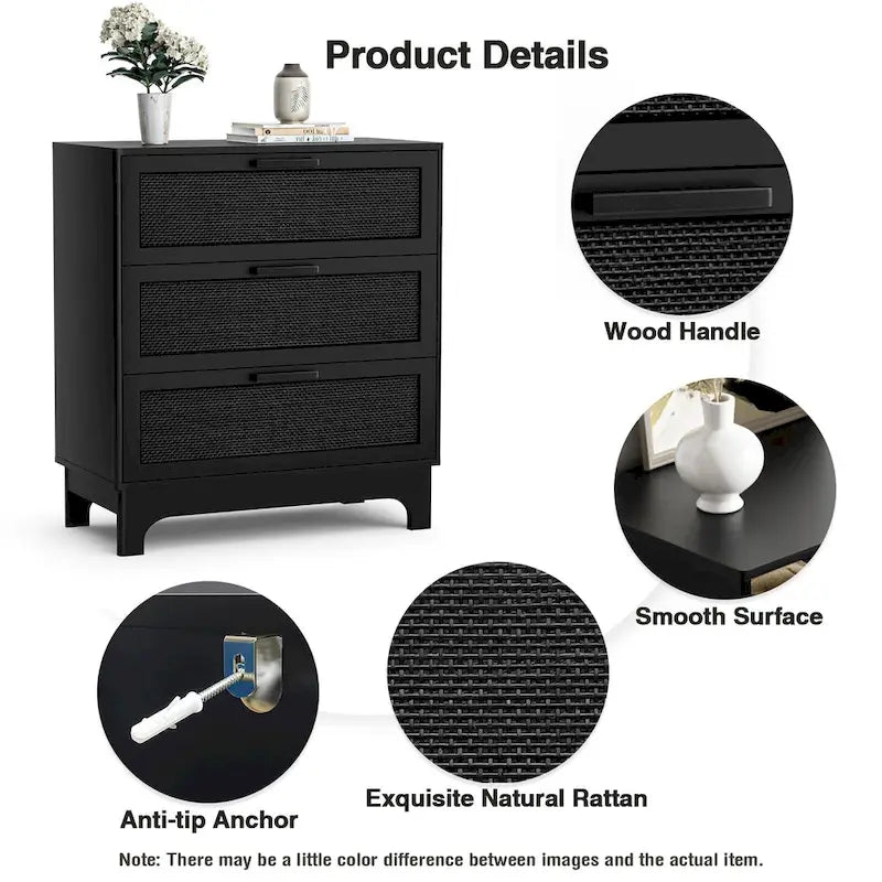 Commode à 3 tiroirs en rotin noir – Commodes modernes