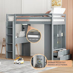 Lit mezzanine avec grandes étagères, bureau et éclairage LED