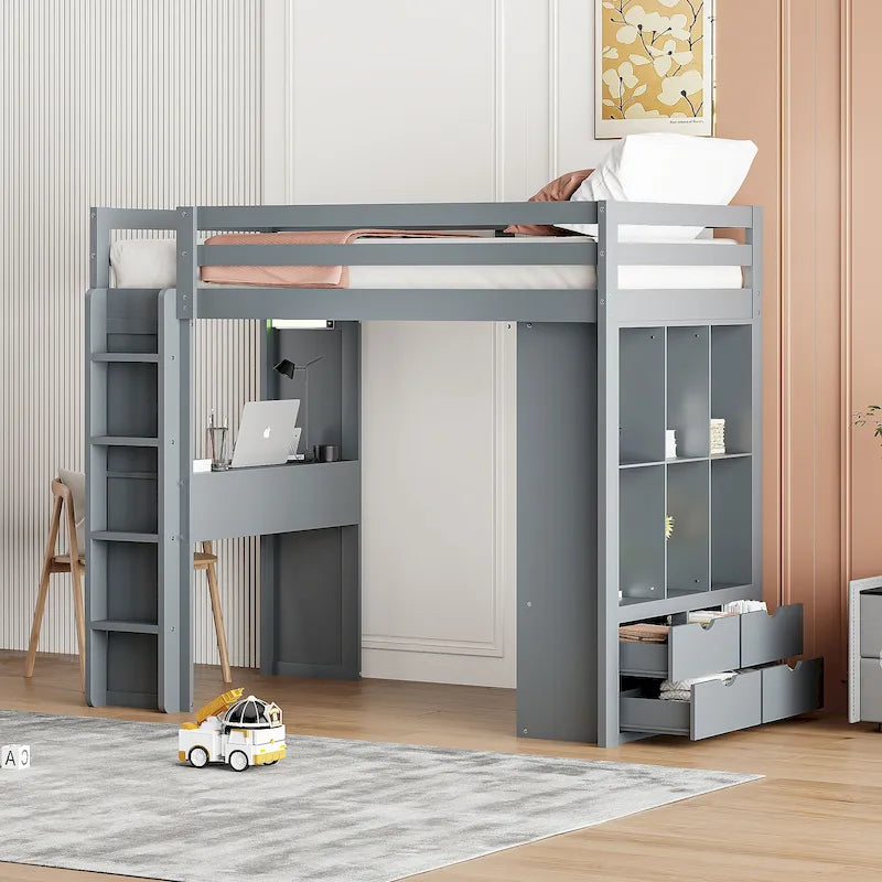 Lit mezzanine avec grandes étagères, bureau et éclairage LED