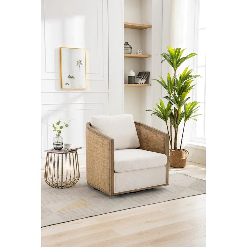 Swivel Barrel Chair, Comfy Round Accent Chair, 360 Degree Swivel Barrel Club Chair, Leisure Arm Chair with Rattan Woven Frame