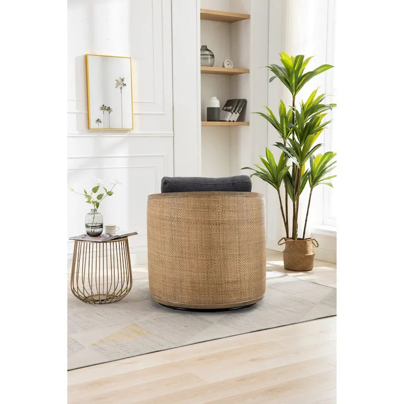 Fauteuil pivotant, fauteuil d'appoint rond confortable, fauteuil club pivotant à 360 degrés, fauteuil de loisirs avec cadre en rotin tressé